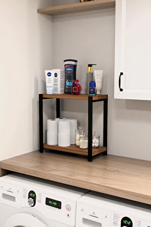 2 Katlı Ahşap ve Metal Banyo Düzenleyici Raf, Lavabo – Çamaşır Makinesi Üstü Çok Amaçlı Organizer