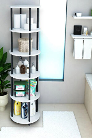 6 Raflı Yuvarlak Banyo Dolabı Ayaklı Açık Raf Sistemli Havlu Dolabı Metal Gövde Banyo Düzenleyici