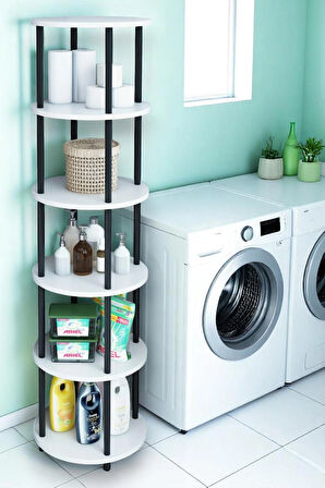 6 Raflı Yuvarlak Banyo Dolabı Ayaklı Açık Raf Sistemli Havlu Dolabı Metal Gövde Banyo Düzenleyici
