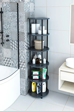 6 Raflı Yuvarlak Banyo Dolabı Ayaklı Açık Raf Sistemli Havlu Dolabı Metal Gövde Banyo Düzenleyici