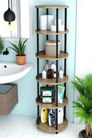 6 Raflı Yuvarlak Banyo Dolabı Ayaklı Açık Raf Sistemli Havlu Dolabı Metal Gövde Banyo Düzenleyici