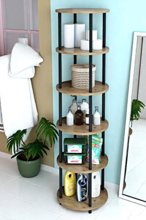 6 Raflı Yuvarlak Banyo Dolabı Ayaklı Açık Raf Sistemli Havlu Dolabı Metal Gövde Banyo Düzenleyici