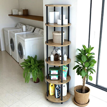 6 Raflı Yuvarlak Banyo Dolabı Ayaklı Açık Raf Sistemli Havlu Dolabı Metal Gövde Banyo Düzenleyici