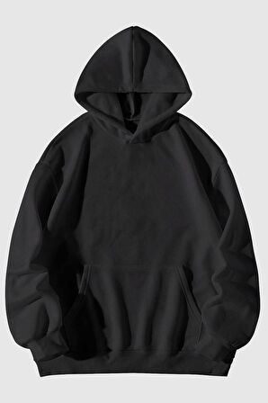 3 Iplik Kalın Pofuduk Baskısız Füme Unisex Kanguru Cepli Kapüşonlu Sweatshirt Hoodie | M