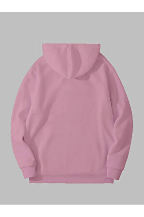 3 İplik Baskısız Pembe Kanguru Cepli Kapüşonlu Sweatshirt Hoodie | S