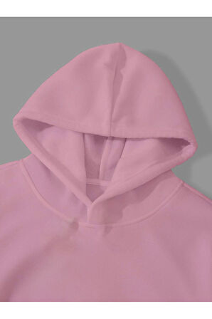 3 İplik Baskısız Pembe Kanguru Cepli Kapüşonlu Sweatshirt Hoodie | S