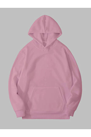 3 İplik Baskısız Pembe Kanguru Cepli Kapüşonlu Sweatshirt Hoodie | M