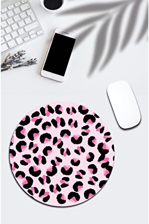 Pembe Leopar Desenli Yuvarlak Mousepad