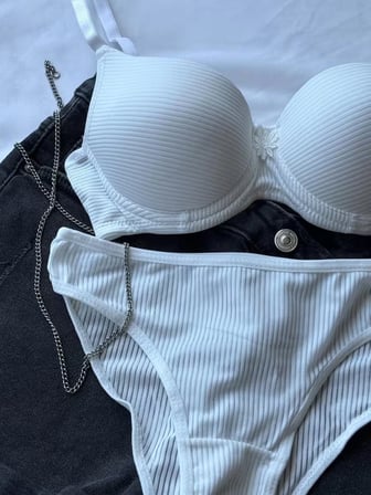 Ebru Fitilli Push-Up Sütyen Takımı Ekru Mikro Kumaş