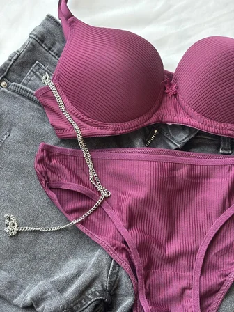 Destekli Push-Up Sütyen Takımı Mikro Kumaş Mürdüm Renk 75-95 Beden Kadın İç Giyim