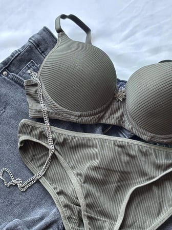 Destekli Push-Up Sütyen Takımı Haki Renk Mikro Kumaş Dolgulu 75-95 Beden
