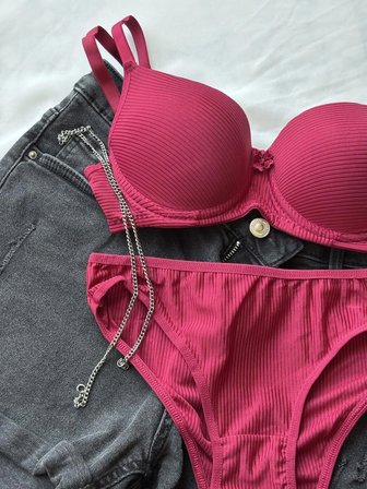 Ebru Bordo Destekli Push-Up Sütyen Takımı Dolgulu Mikro Kumaş 95B
