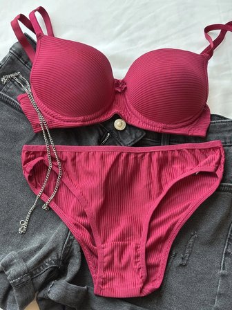 Ebru Bordo Destekli Push-Up Sütyen Takımı Dolgulu Mikro Kumaş 95B