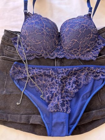 Saks Mavisi Dantelli Destekli Push-Up Sütyen Takımı 75-90 Beden