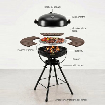 BAZZ360 360° Masalı Kapaklı Kömürlü Barbekü Mangal – 55 cm Izgara, Termometreli, 92 cm Yükseklik, 120 cm Masa