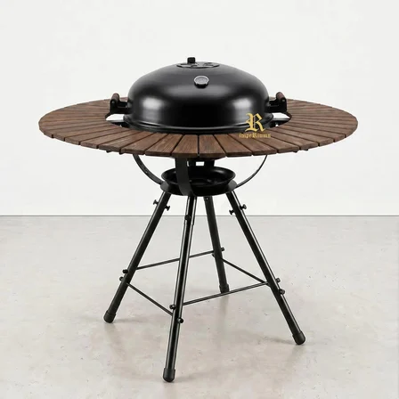 BAZZ360 360° Masalı Kapaklı Kömürlü Barbekü Mangal – 55 cm Izgara, Termometreli, 92 cm Yükseklik, 120 cm Masa