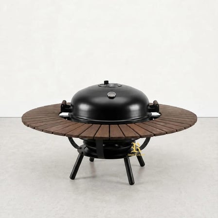 BAZZ360 360° Masalı Kapaklı Kömürlü Barbekü Mangal – 55 cm Izgara, Termometreli, 92 cm Yükseklik, 120 cm Masa