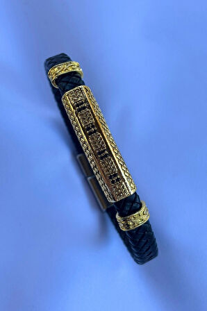 Zirkon Taşlı Örgülü El İşçiliği ile Üretilmiş Hakiki Deri Erkek Bileklik