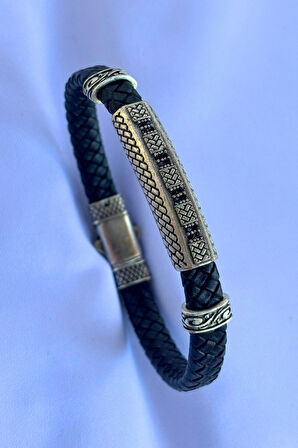 Zirkon Taşlı Örgülü El İşçiliği ile Üretilmiş Hakiki Deri Erkek Bileklik