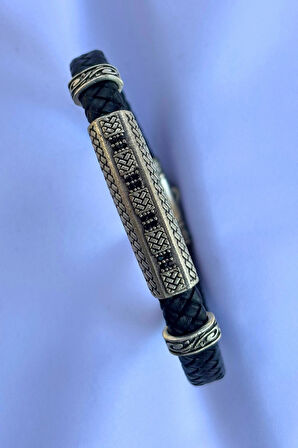 Zirkon Taşlı Örgülü El İşçiliği ile Üretilmiş Hakiki Deri Erkek Bileklik