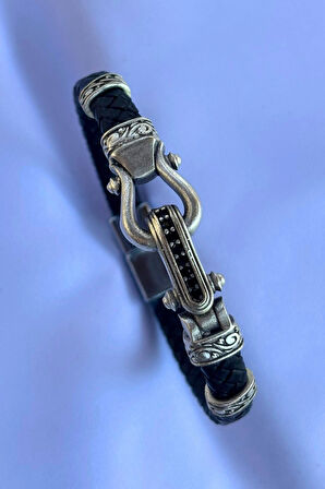 Zirkon Taşlı Örgülü El İşçiliği ile Üretilmiş Hakiki Deri Erkek Bileklik