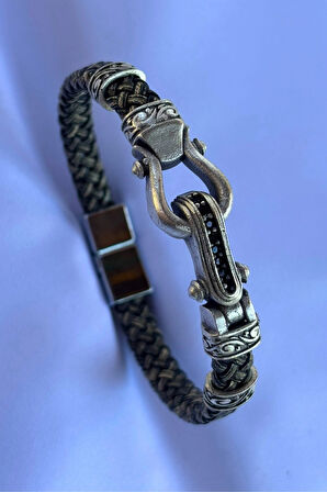 Zirkon Taşlı Örgülü El İşçiliği ile Üretilmiş Hakiki Deri Erkek Bileklik