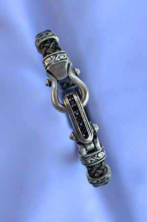 Zirkon Taşlı Örgülü El İşçiliği ile Üretilmiş Hakiki Deri Erkek Bileklik