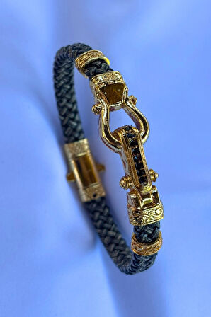 Zirkon Taşlı Örgülü El İşçiliği ile Üretilmiş Hakiki Deri Erkek Bileklik