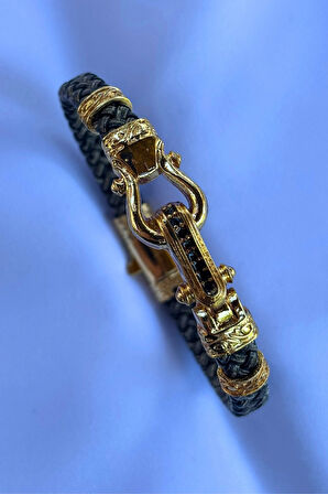 Zirkon Taşlı Örgülü El İşçiliği ile Üretilmiş Hakiki Deri Erkek Bileklik