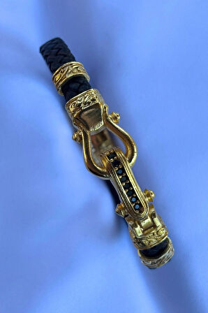 Zirkon Taşlı Örgülü El İşçiliği ile Üretilmiş Hakiki Deri Erkek Bileklik