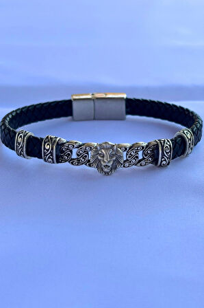 Aslan Figürlü El İşçiliği ile Üretilmiş Hakiki Deri Erkek Bileklik