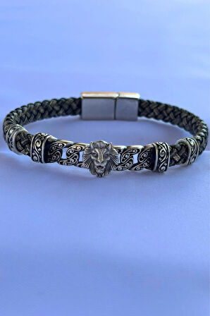 Aslan Figürlü El İşçiliği ile Üretilmiş Hakiki Deri Erkek Bileklik