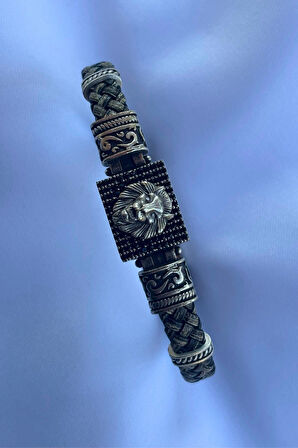 Aslan Dikdörtgen Zirkon Taşlı El İşçiliği ile Üretilmiş Hakiki Deri Erkek Bileklik