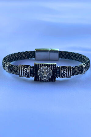 Aslan Dikdörtgen Zirkon Taşlı El İşçiliği ile Üretilmiş Hakiki Deri Erkek Bileklik