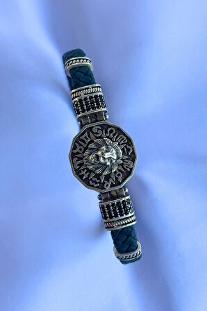 Aslan Figürlü Zirkon Taşlı El İşçiliği ile Üretilmiş Hakiki Deri Erkek Bileklik