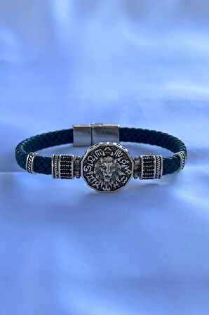 Aslan Figürlü Zirkon Taşlı El İşçiliği ile Üretilmiş Hakiki Deri Erkek Bileklik