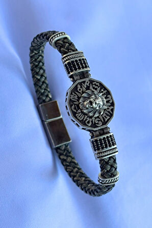 Aslan Figürlü Zirkon Taşlı El İşçiliği ile Üretilmiş Hakiki Deri Erkek Bileklik