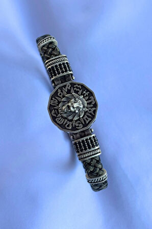 Aslan Figürlü Zirkon Taşlı El İşçiliği ile Üretilmiş Hakiki Deri Erkek Bileklik