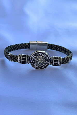 Aslan Figürlü Zirkon Taşlı El İşçiliği ile Üretilmiş Hakiki Deri Erkek Bileklik