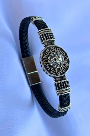 Aslan Figürlü Zirkon Taşlı El İşçiliği ile Üretilmiş Hakiki Deri Erkek Bileklik