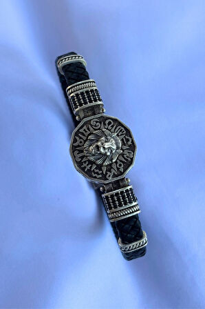 Aslan Figürlü Zirkon Taşlı El İşçiliği ile Üretilmiş Hakiki Deri Erkek Bileklik