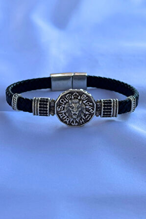 Aslan Figürlü Zirkon Taşlı El İşçiliği ile Üretilmiş Hakiki Deri Erkek Bileklik