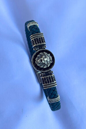 Aslan Zirkon Taşlı Yuvarlak El İşçiliği ile Üretilmiş Hakiki Deri Erkek Bileklik