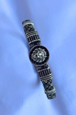 Aslan Zirkon Taşlı Yuvarlak El İşçiliği ile Üretilmiş Hakiki Deri Erkek Bileklik