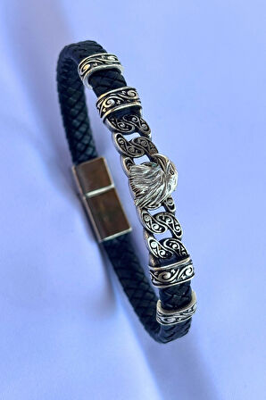 Kartal Figürlü El İşçiliği ile Üretilmiş Hakiki Deri Erkek Bileklik