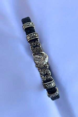 Kartal Figürlü El İşçiliği ile Üretilmiş Hakiki Deri Erkek Bileklik