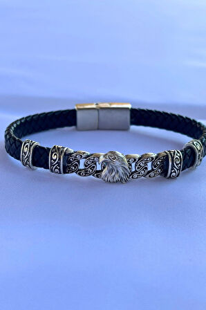 Kartal Figürlü El İşçiliği ile Üretilmiş Hakiki Deri Erkek Bileklik