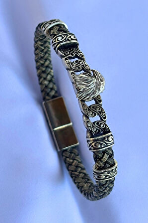 Kartal Figürlü El İşçiliği ile Üretilmiş Hakiki Deri Erkek Bileklik