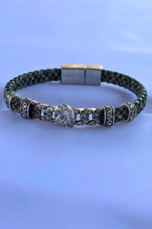 Kartal Figürlü El İşçiliği ile Üretilmiş Hakiki Deri Erkek Bileklik