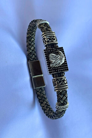 Kartal Dikdörtgen Zirkon Taşlı El İşçiliği ile Üretilmiş Hakiki Deri Erkek Bileklik